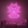 Neonskylt «Sol och regnbåge» i rosa LED-neon, monterad på vägg