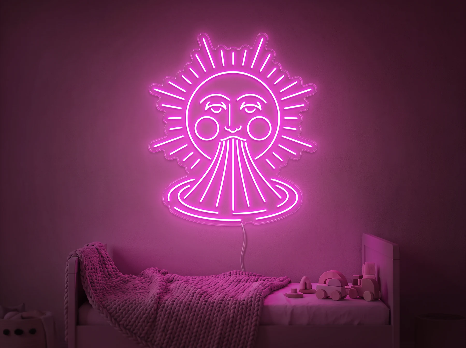 Neonskylt «Sol och regnbåge» i rosa LED-neon, monterad på vägg