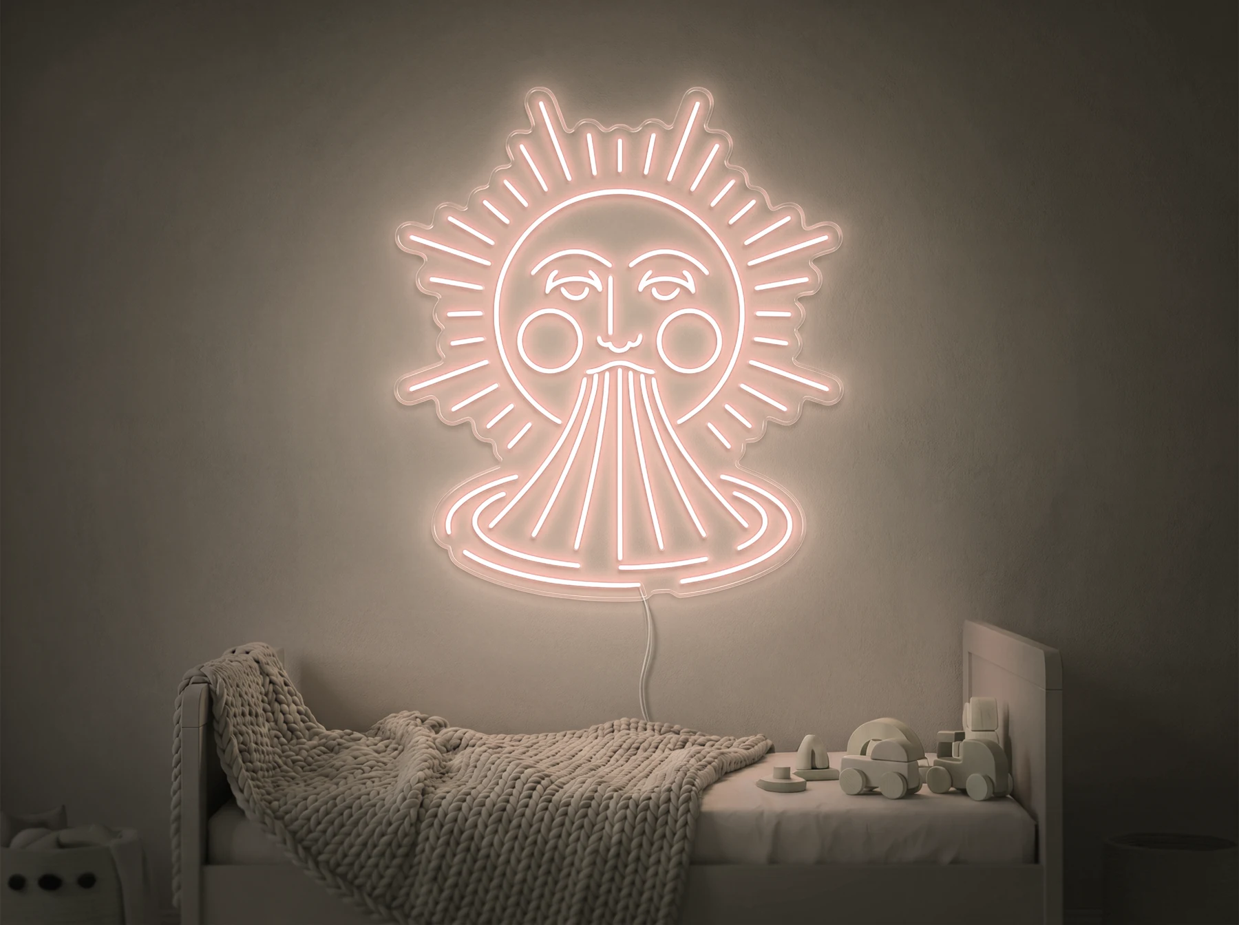 Neonskylt «Sol och regnbåge» i varmvit LED-neon, monterad på vägg