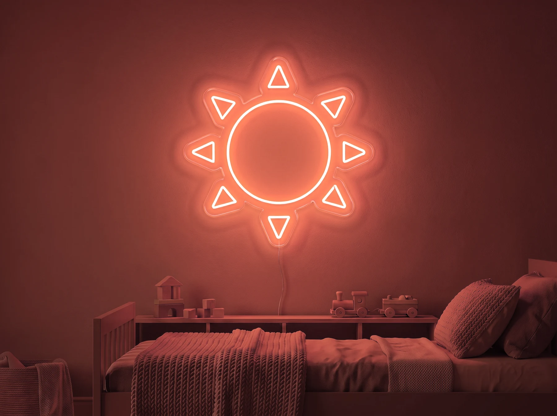 Neonskylt «Sol» i röd LED-neon, monterad på vägg