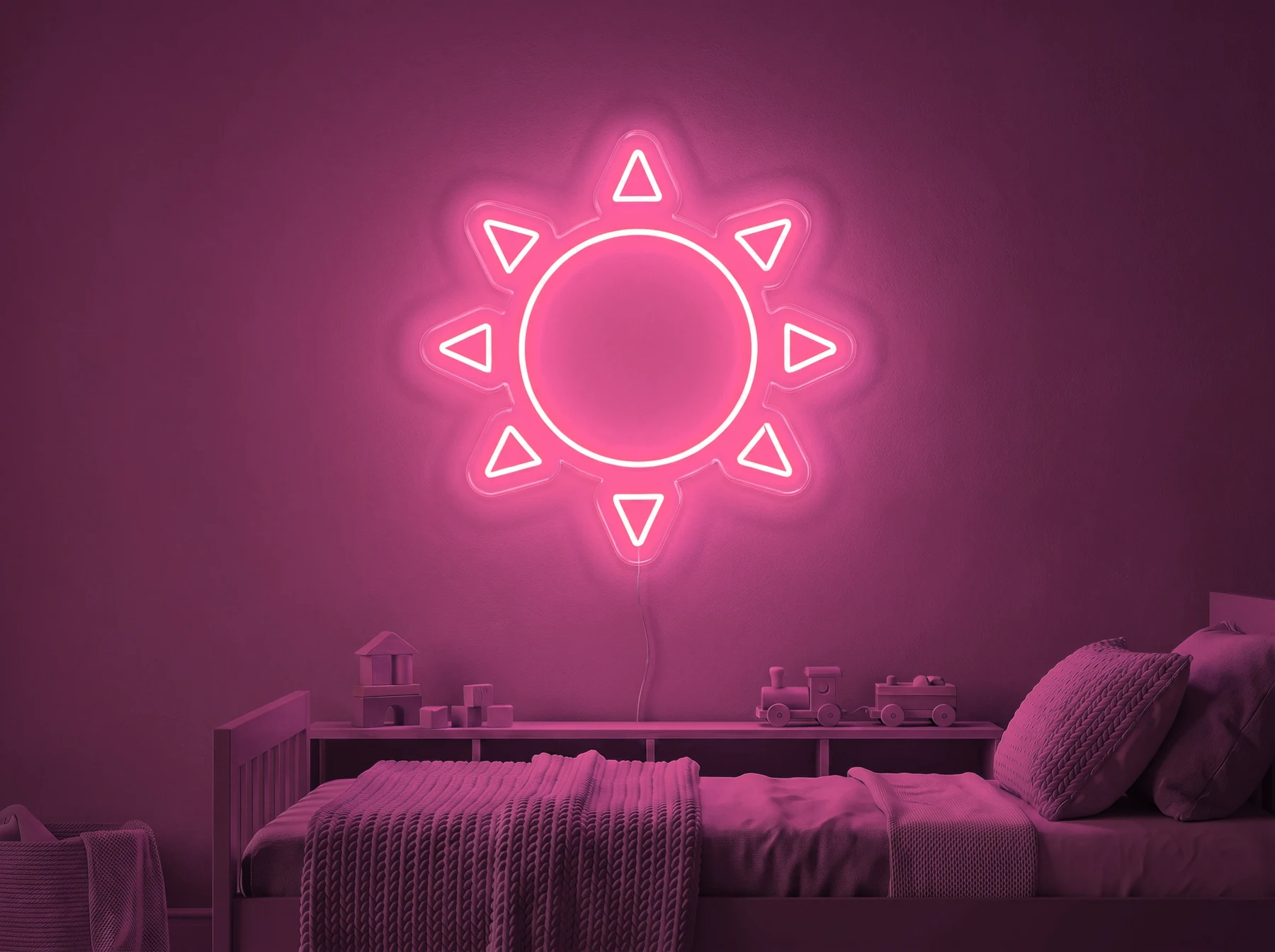 Neonskylt «Sol» i rosa LED-neon, monterad på vägg