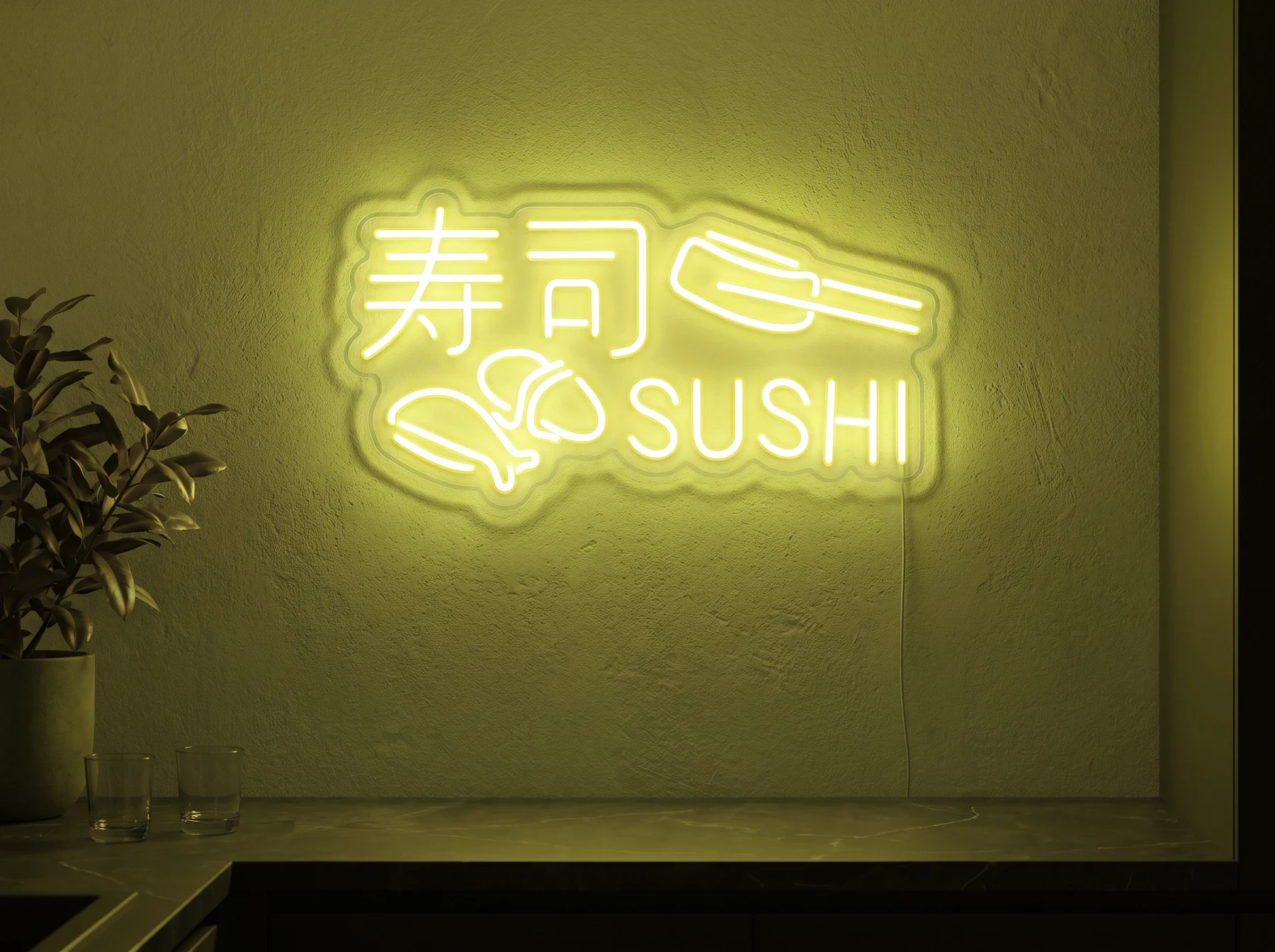 Neonskylt «Sushi» i gul LED-neon, monterad på vägg