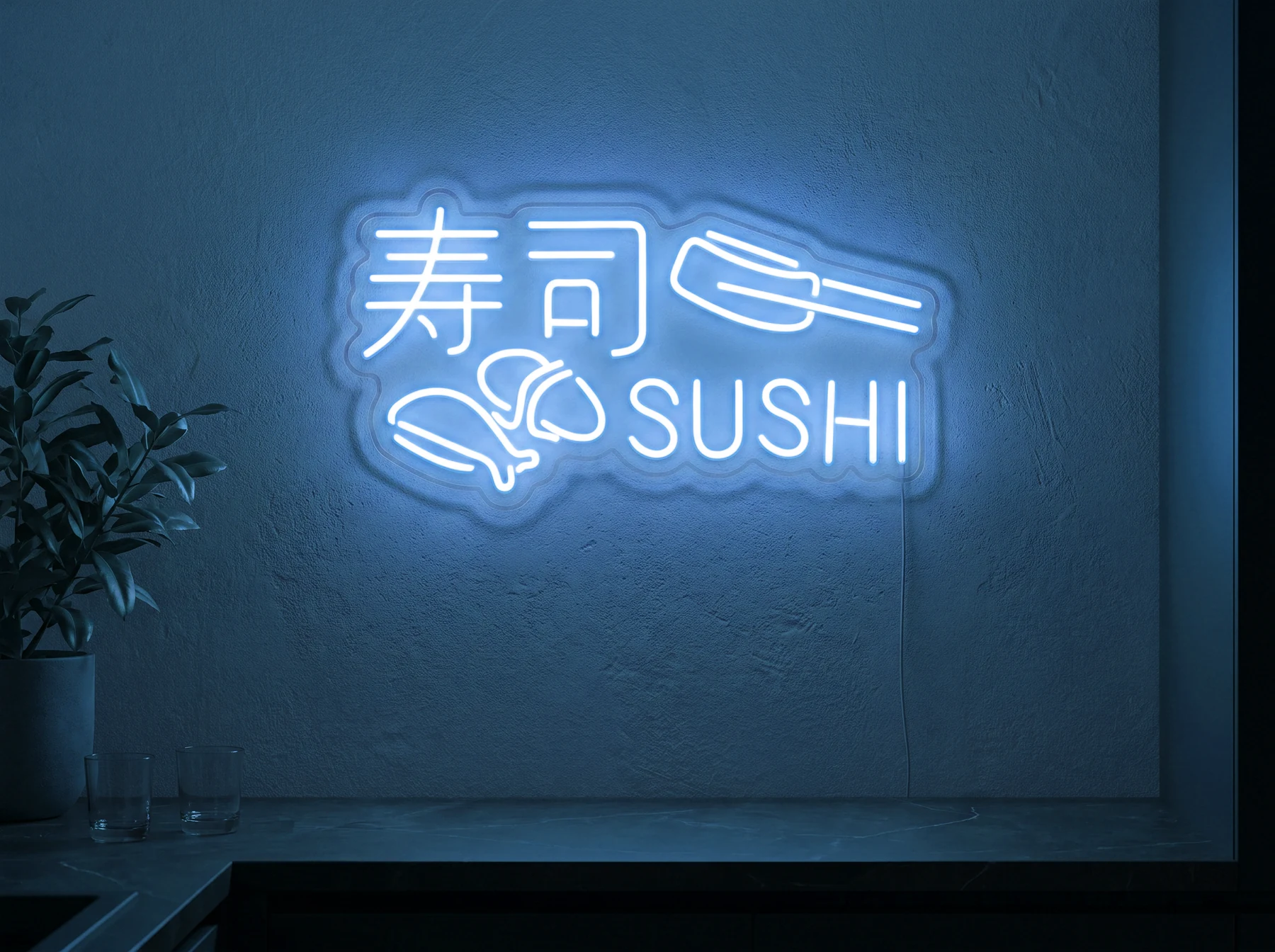 Neonskylt «Sushi» i isblå LED-neon, monterad på vägg