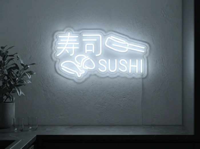 Neonskylt «Sushi» i iskall vit LED-neon, monterad på vägg