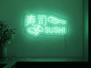 Neonskylt «Sushi» i mintgrön LED-neon, monterad på vägg