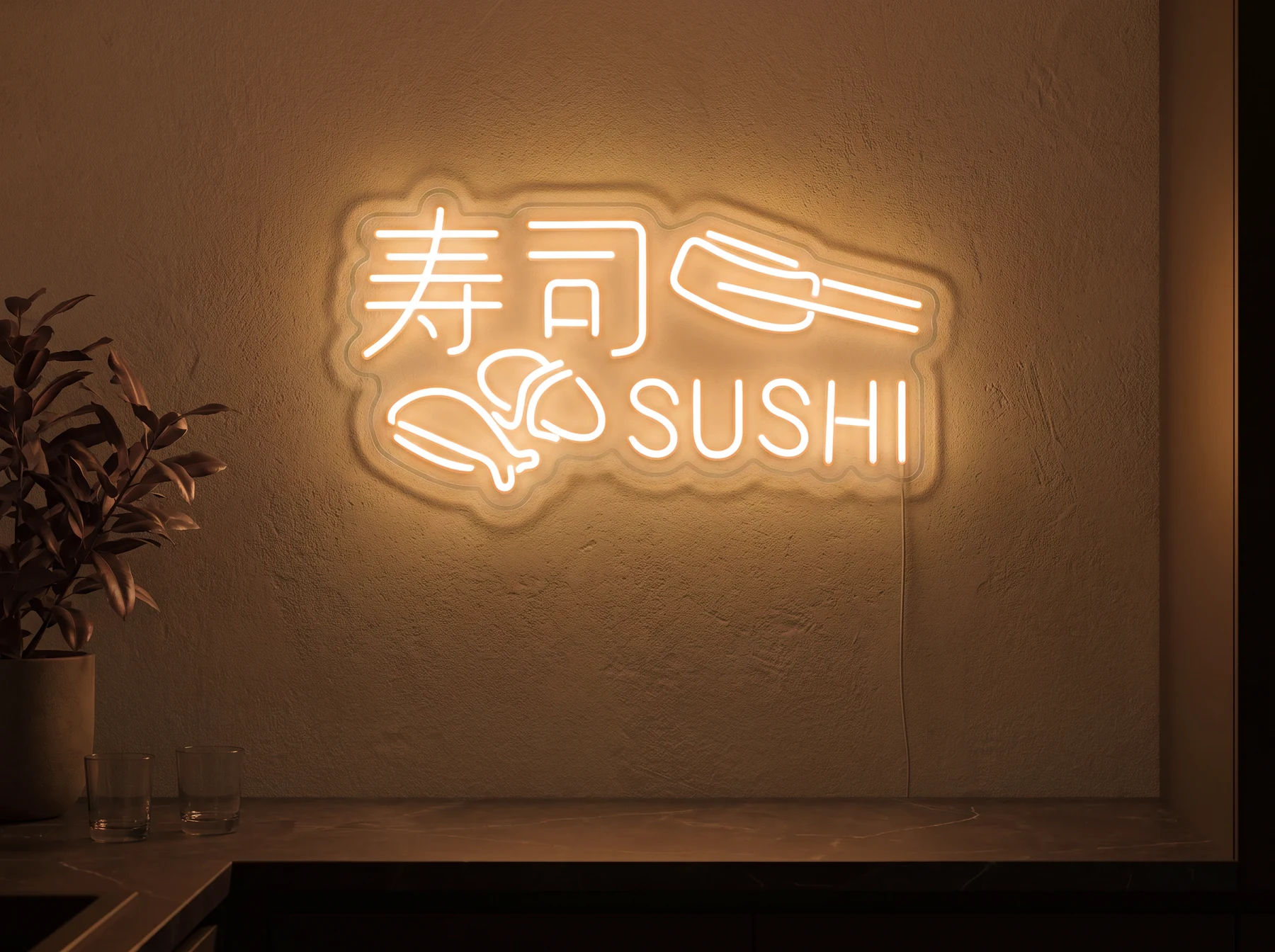 Neonskylt «Sushi» i orange LED-neon, monterad på vägg