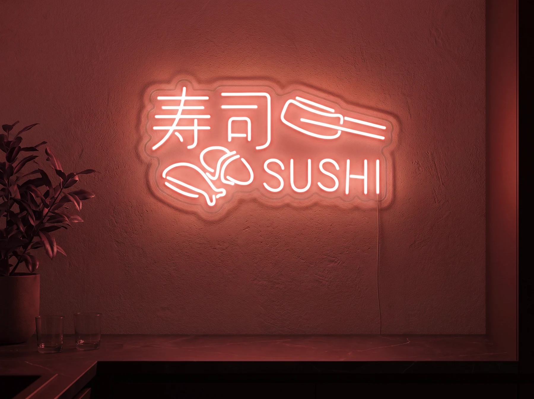 Neonskylt «Sushi» i röd LED-neon, monterad på vägg