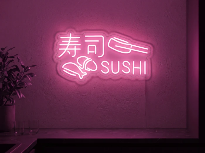 Neonskylt «Sushi» i rosa LED-neon, monterad på vägg