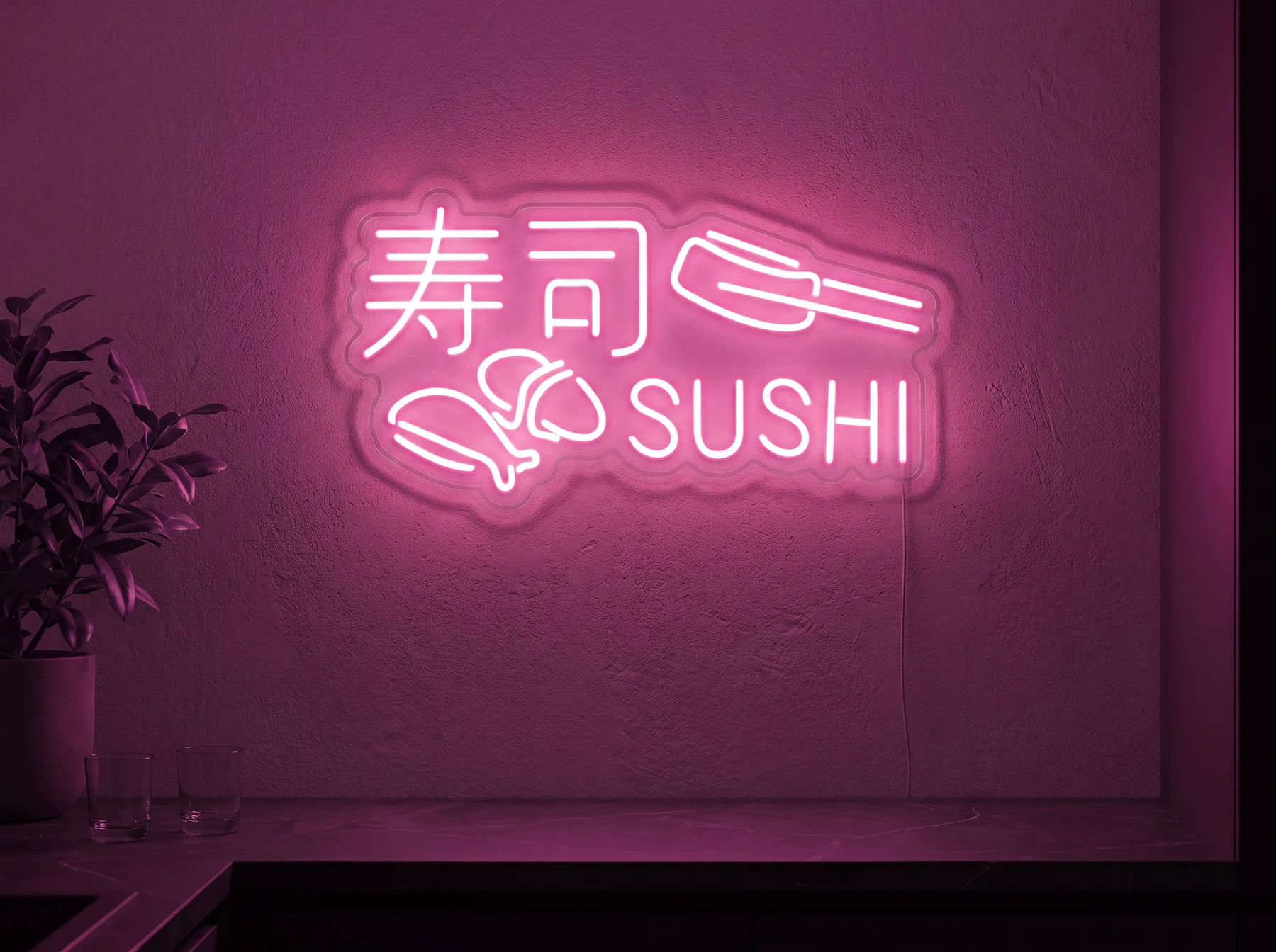 Neonskylt «Sushi» i rosa LED-neon, monterad på vägg