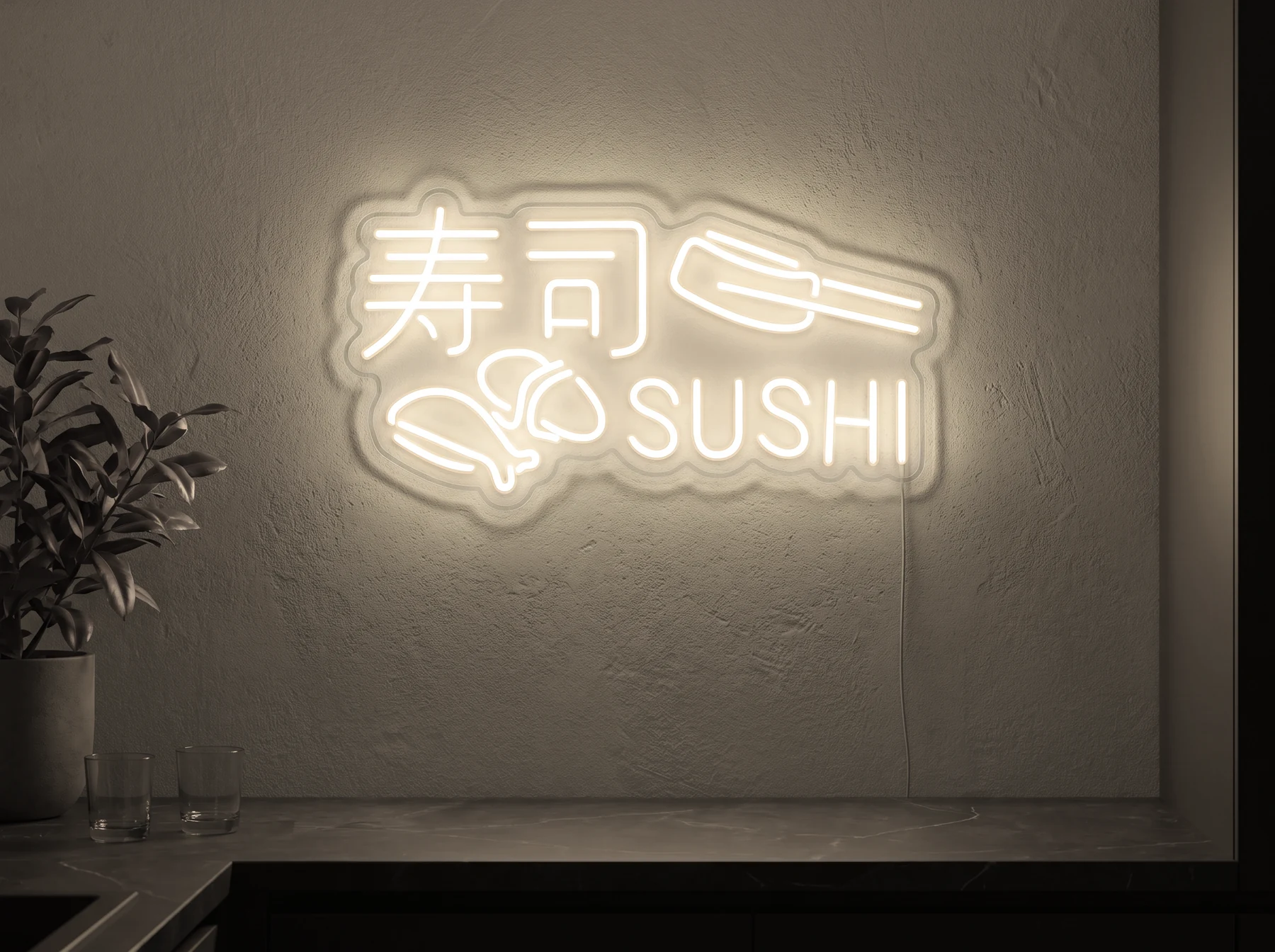 Neonskylt «Sushi» i varmvit LED-neon, monterad på vägg