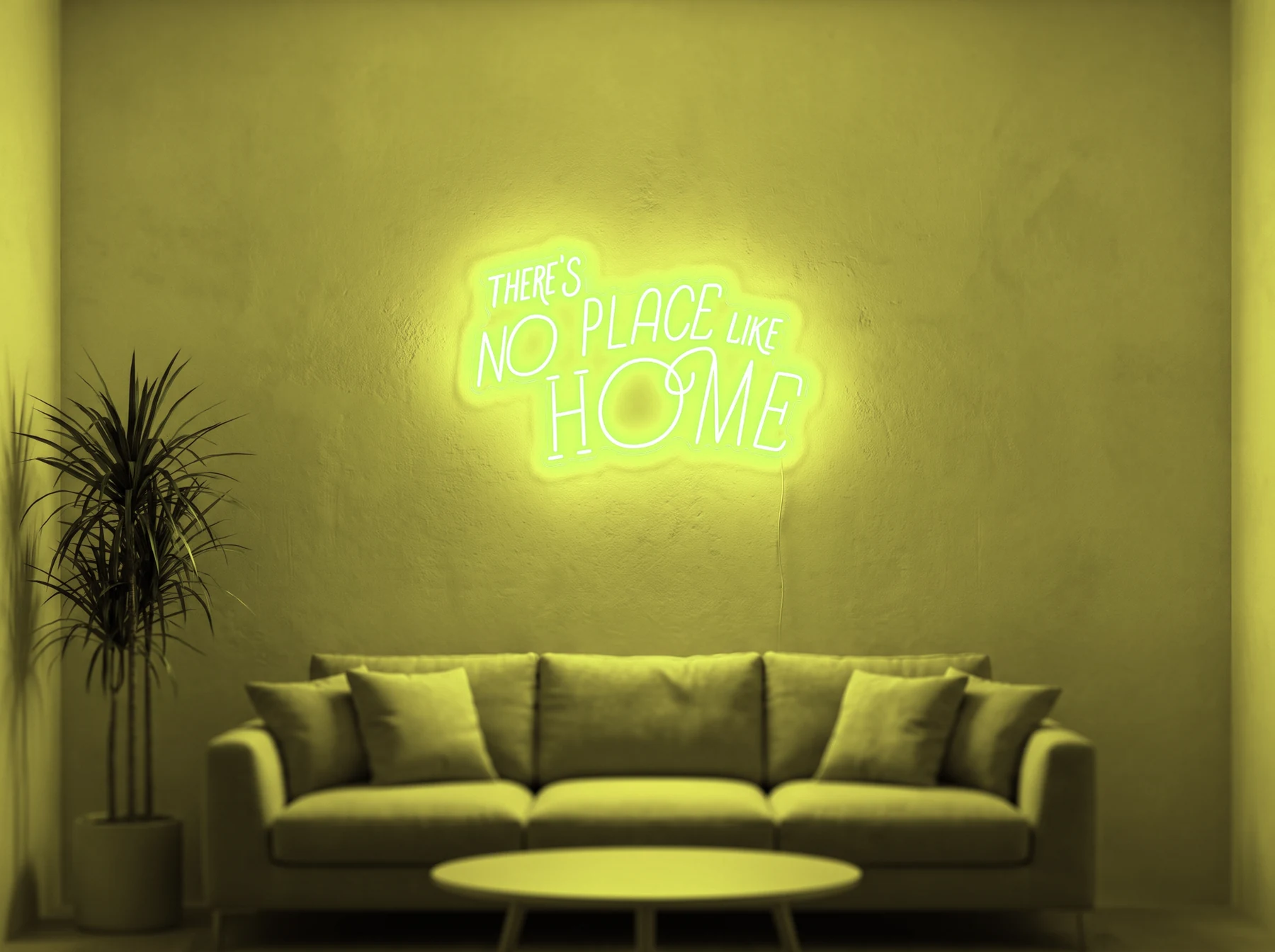 Neonskylt «There’s No Place Like Home, retro» i gul LED-neon, monterad på vägg