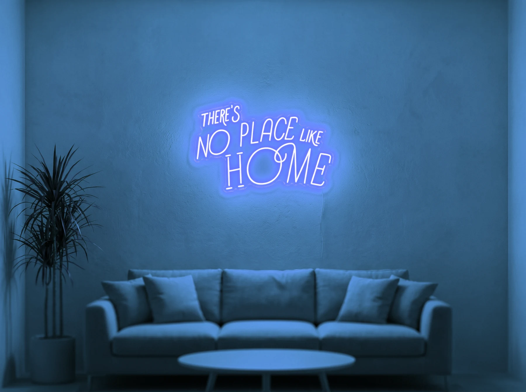 Neonskylt «There’s No Place Like Home, retro» i isblå LED-neon, monterad på vägg