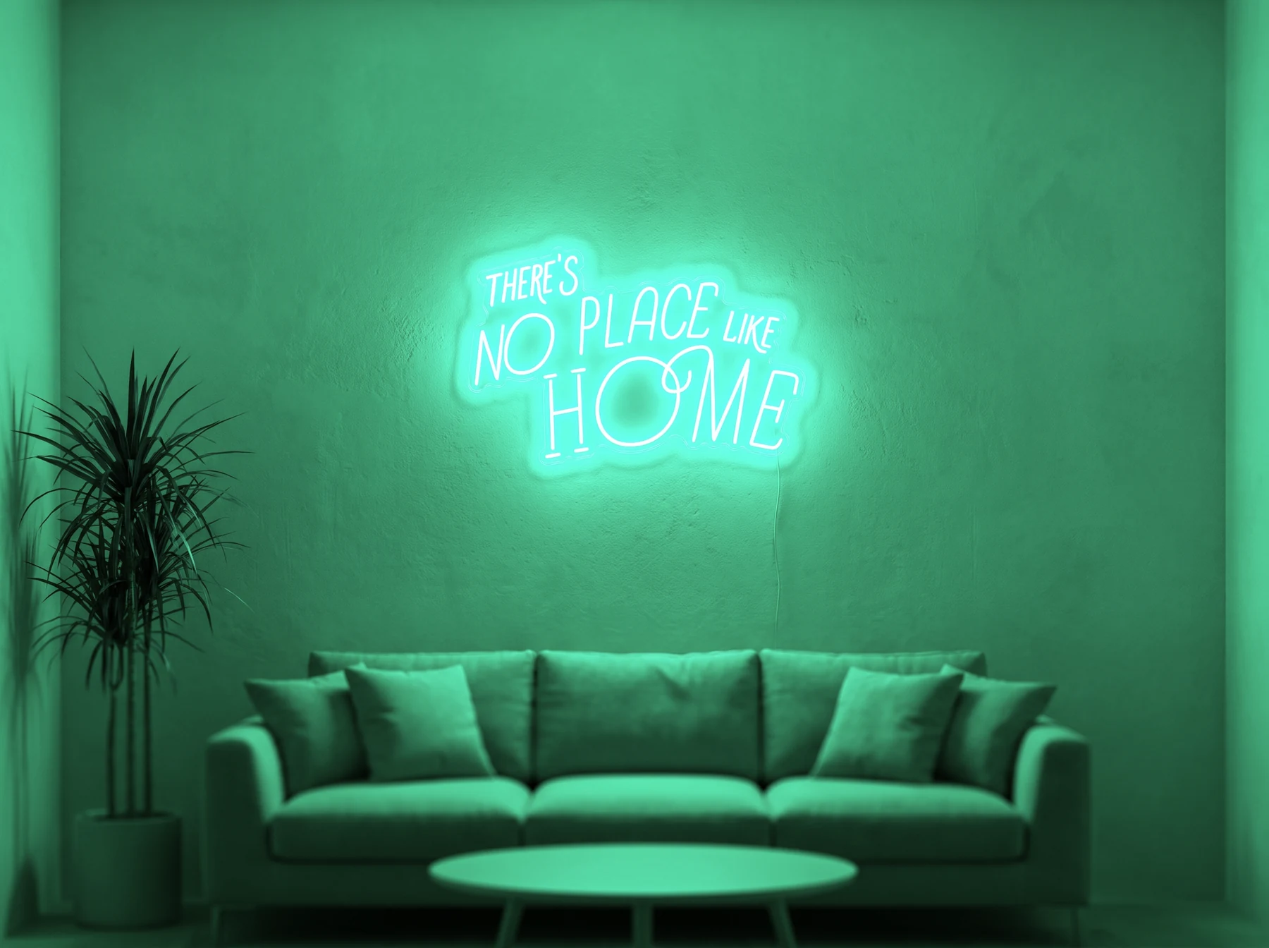 Neonskylt «There’s No Place Like Home, retro» i mintgrön LED-neon, monterad på vägg