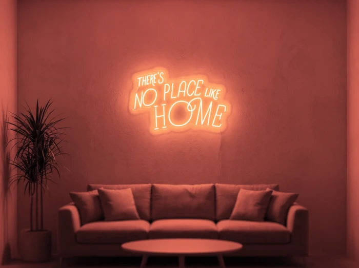 Neonskylt «There’s No Place Like Home, retro» i röd LED-neon, monterad på vägg