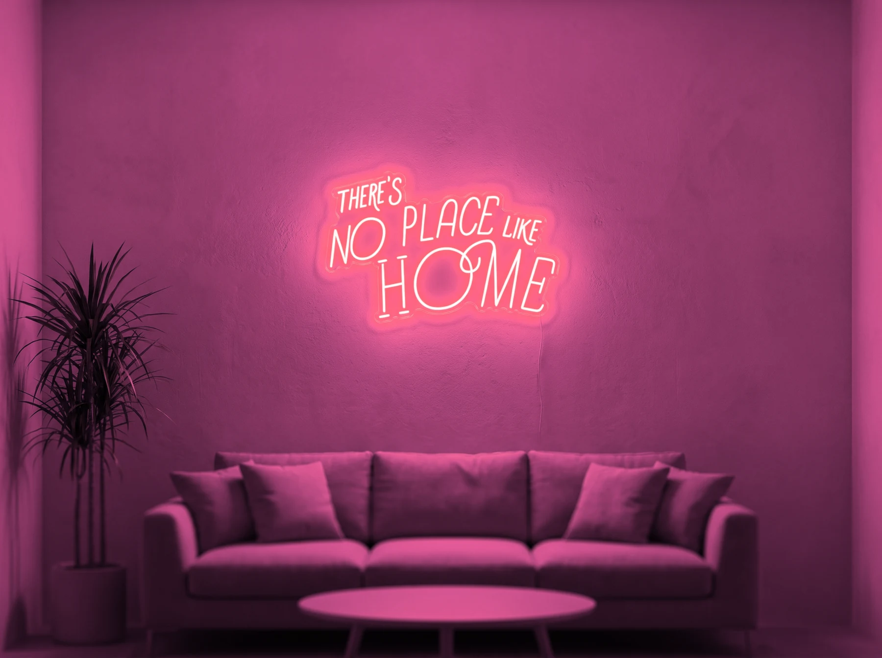 Neonskylt «There’s No Place Like Home, retro» i rosa LED-neon, monterad på vägg