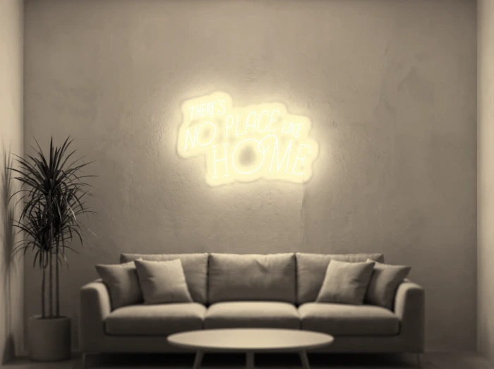 Neonskylt «There’s No Place Like Home, retro» i varmvit LED-neon, monterad på vägg