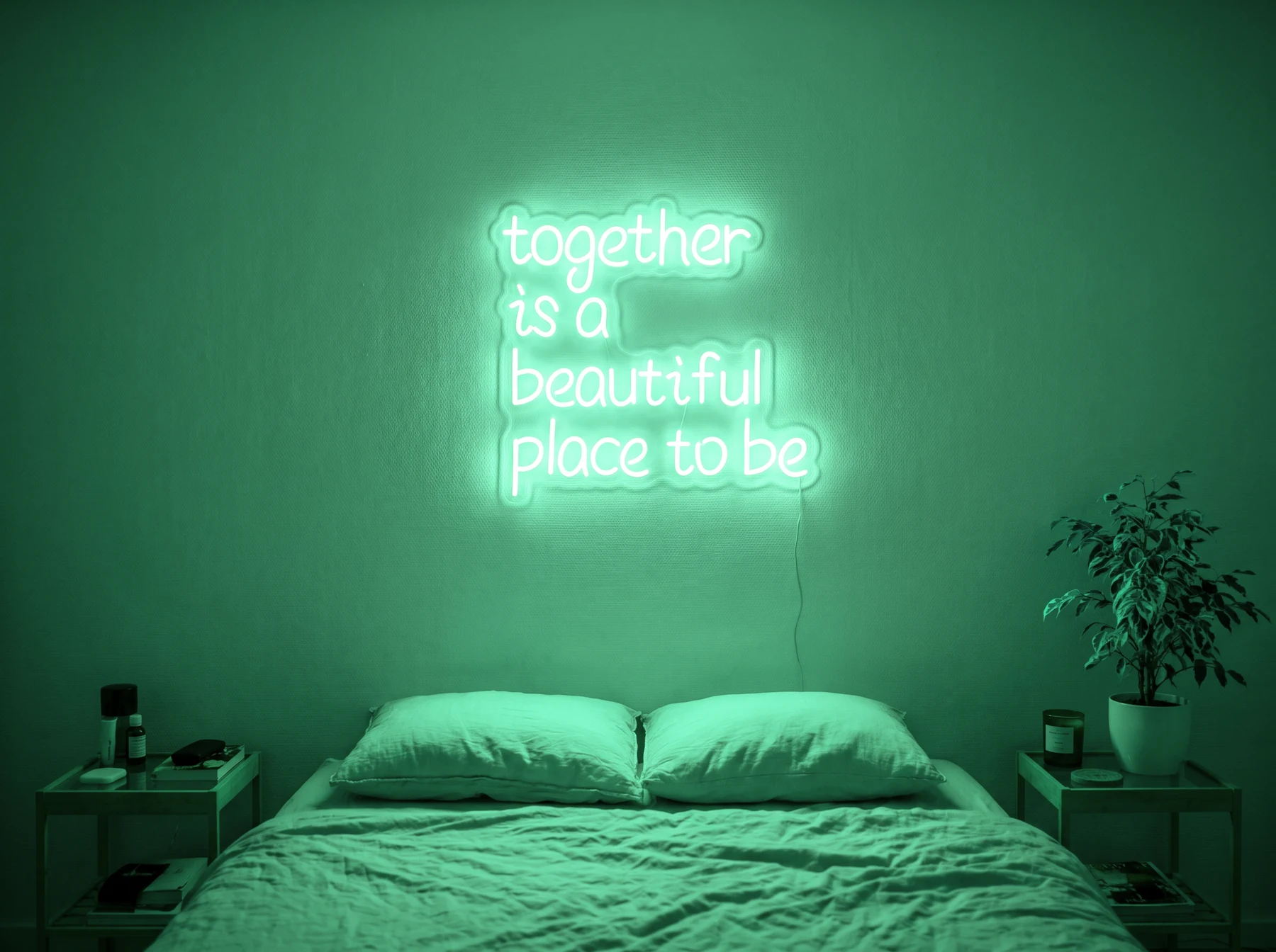 Neonskylt «Together» i mintgrön LED-neon, monterad på vägg