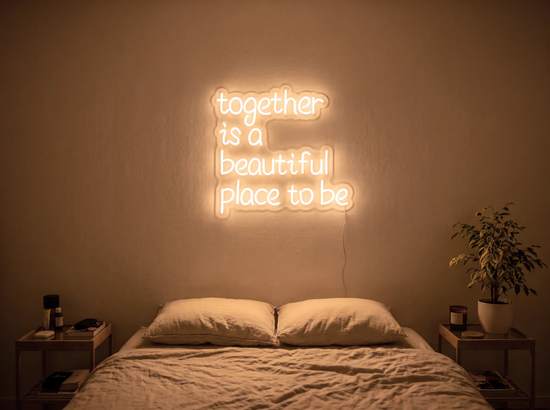 Neonskylt «Together» i orange LED-neon, monterad på vägg
