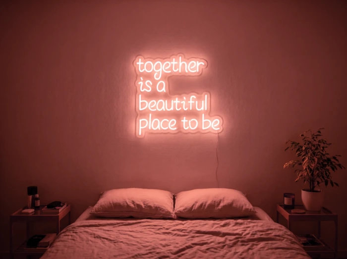 Neonskylt «Together» i röd LED-neon, monterad på vägg