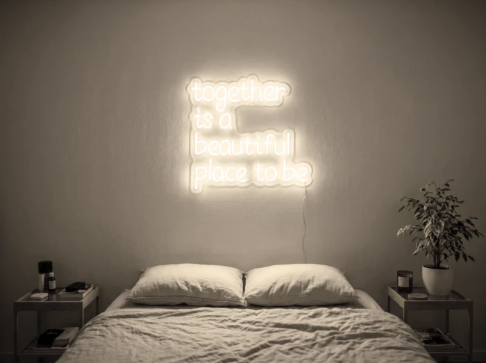 Neonskylt «Together» i varmvit LED-neon, monterad på vägg