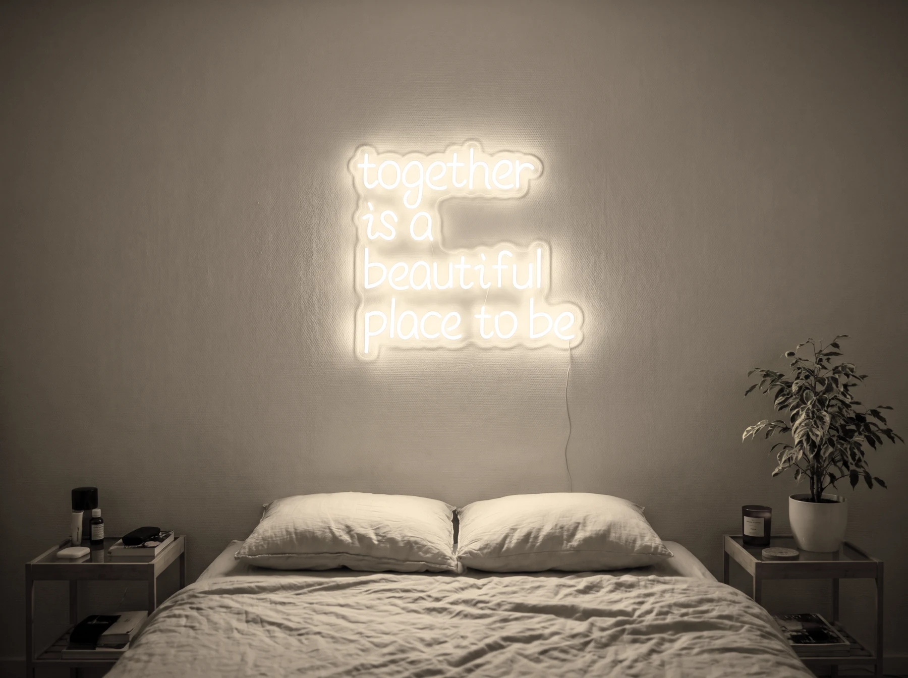 Neonskylt «Together» i varmvit LED-neon, monterad på vägg