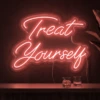 Neonskylt «Treat Yourself» i röd LED-neon, monterad på vägg
