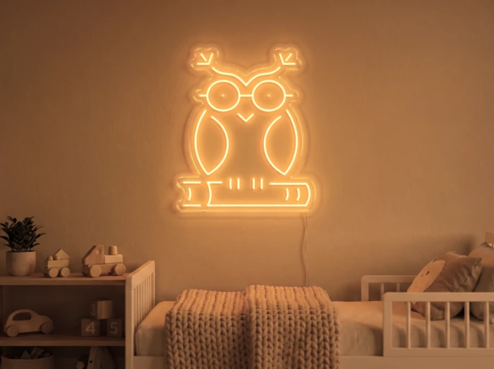Neonskylt «Uggla» i orange LED-neon, monterad på vägg