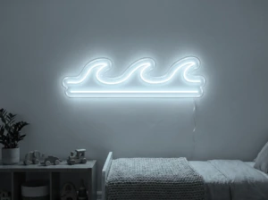 Neonskylt «Våg» i iskall vit LED-neon, monterad på vägg