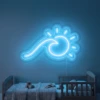 Neonskylt «Våg och sol» i isblå LED-neon, monterad på vägg