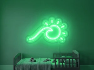 Neonskylt «Våg och sol» i mintgrön LED-neon, monterad på vägg