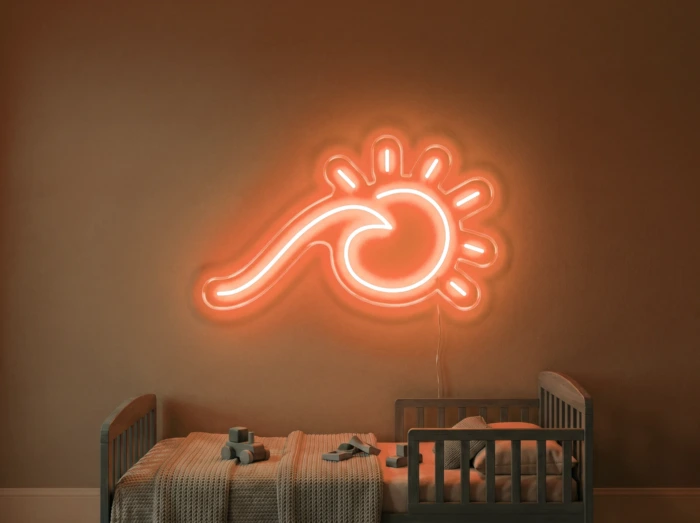 Neonskylt «Våg och sol» i orange LED-neon, monterad på vägg
