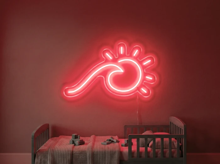 Neonskylt «Våg och sol» i röd LED-neon, monterad på vägg