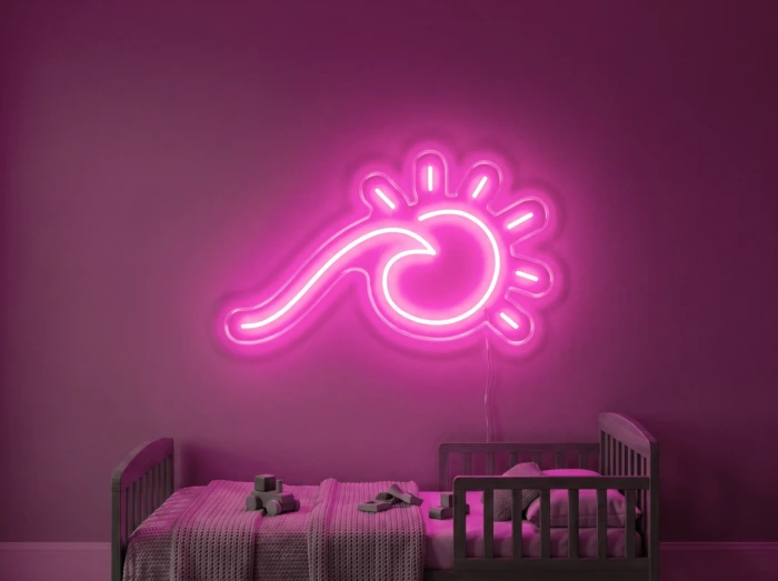 Neonskylt «Våg och sol» i rosa LED-neon, monterad på vägg