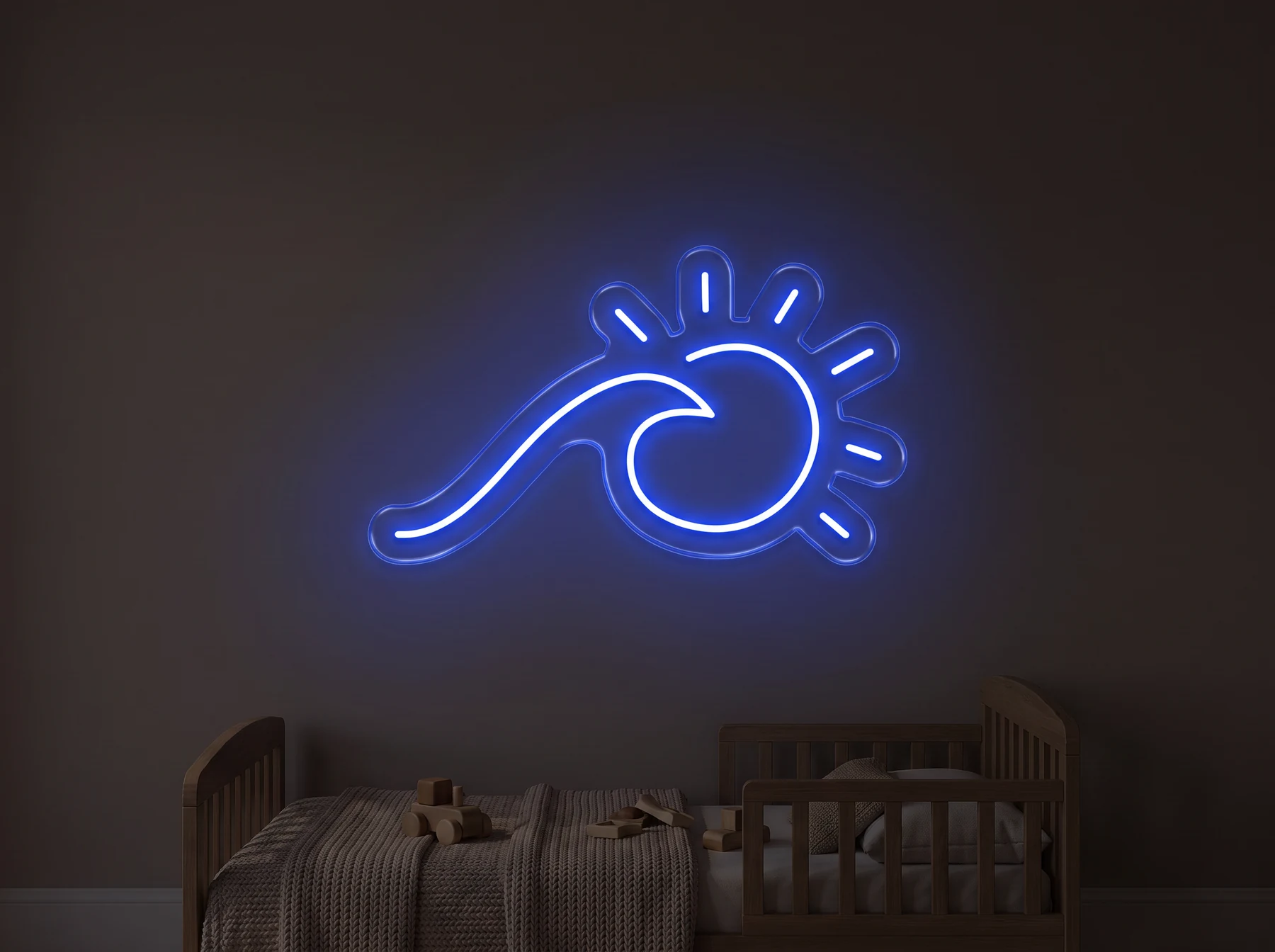 Neonskylt «Våg och sol» — en våg med en sol bakom, i LED-neon på vägg