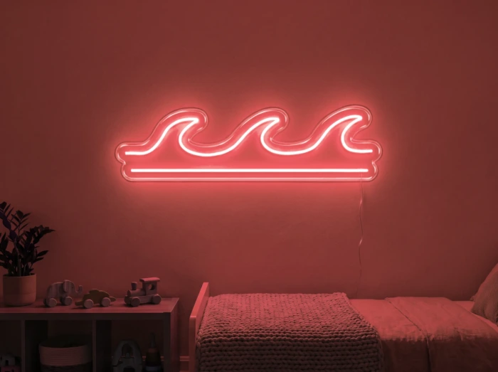 Neonskylt «Våg» i röd LED-neon, monterad på vägg
