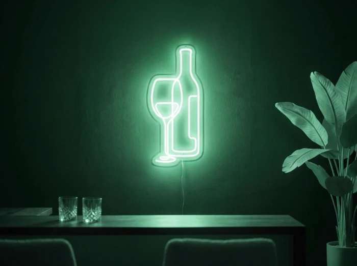 Neonskylt «Vinglas och flaska» i mintgrön LED-neon, monterad på vägg