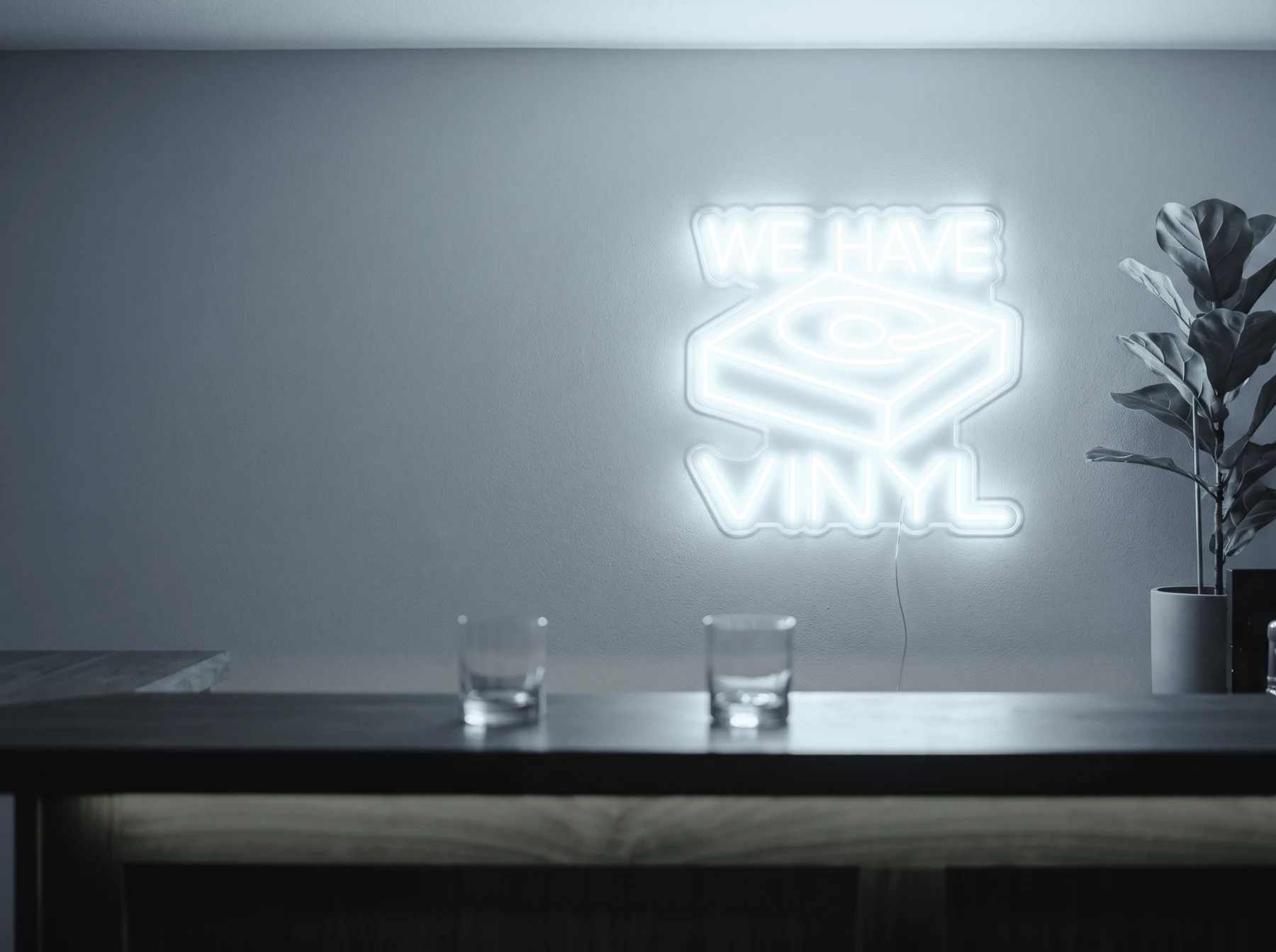 Neonskylt «We Have Vinyl» i iskall vit LED-neon, monterad på vägg