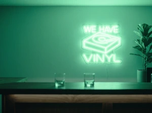 Neonskylt «We Have Vinyl» i mintgrön LED-neon, monterad på vägg