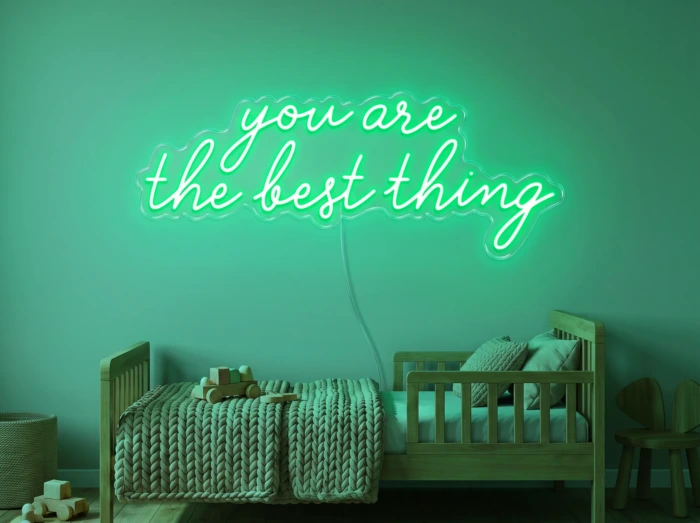 Neonskylt «You Are The Best Thing» i mintgrön LED-neon, monterad på vägg