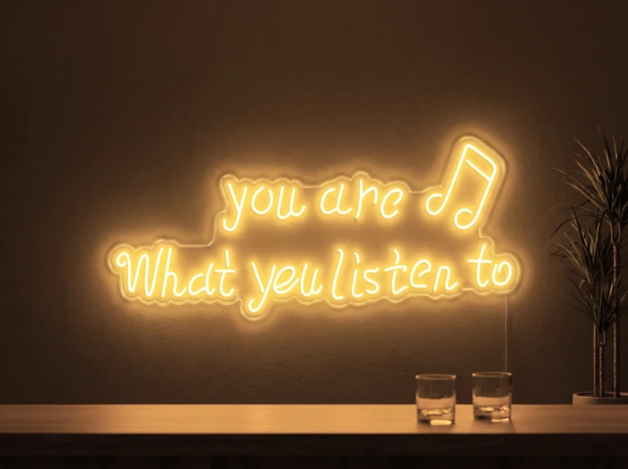 Neonskylt «You Are What You Listen To» i orange LED-neon, monterad på vägg