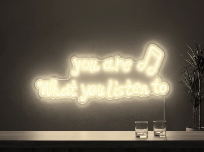 Neonskylt «You Are What You Listen To» i varmvit LED-neon, monterad på vägg