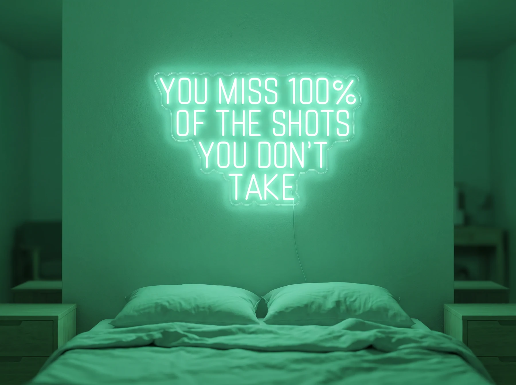 Neonskylt «You Miss 100% Of The Shots» i mintgrön LED-neon, monterad på vägg