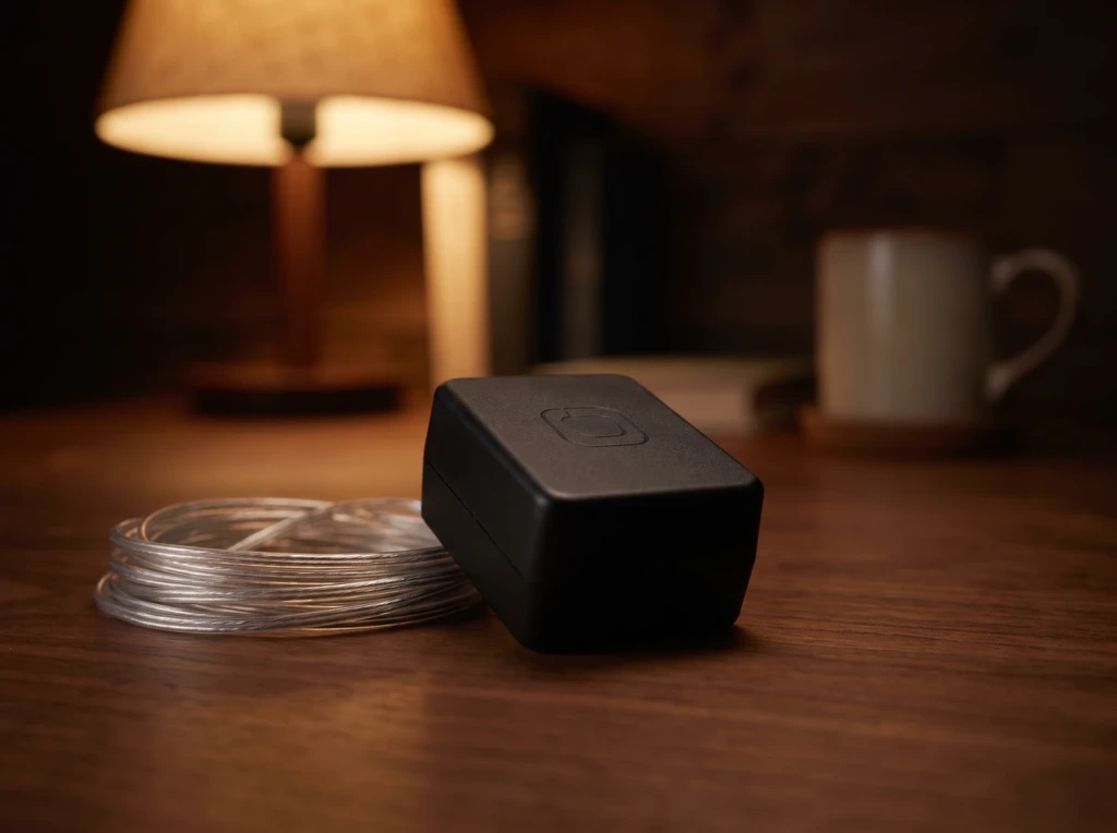 Svart 12 V nätadapter med tunn genomskinlig kabel upprullad på mörkt trä