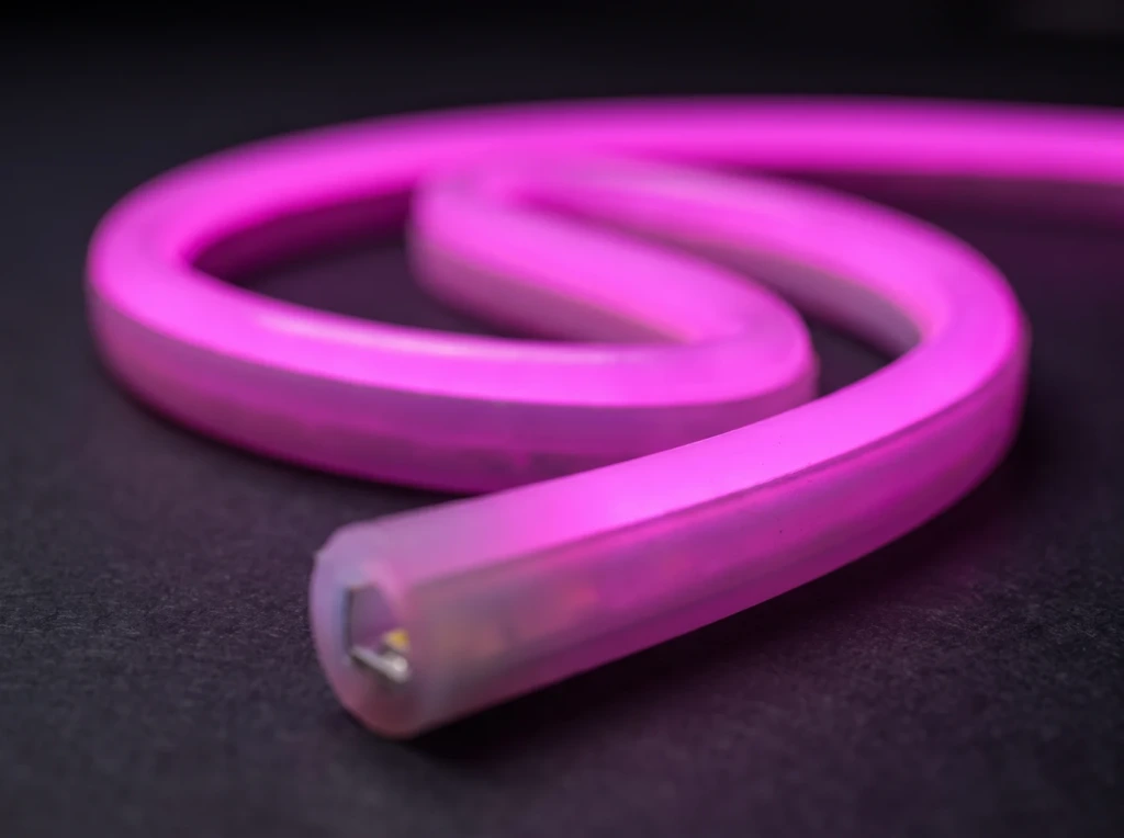 Närbild på flexibel silikonslang med LED-neon i rosa,
      avskuren så att lysdioderna inuti syns